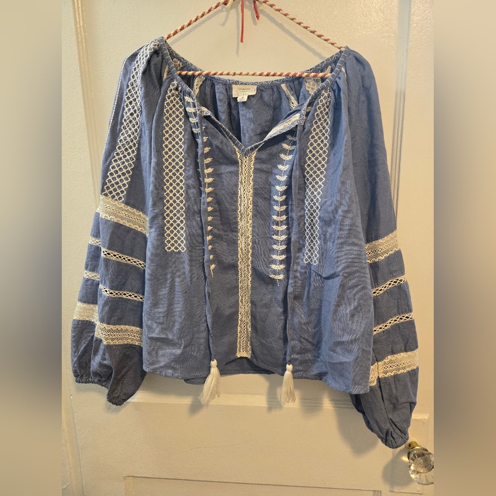 Nicole Miller Blue Blouse with White Embroidery